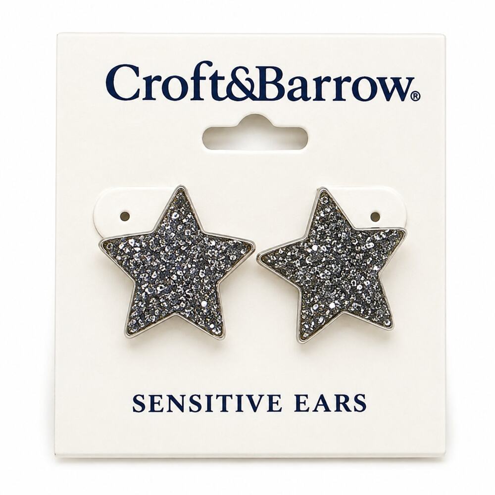 Croft & Barrow Silver Glitter Star Stud Earrings Sensitive Ears NWT
